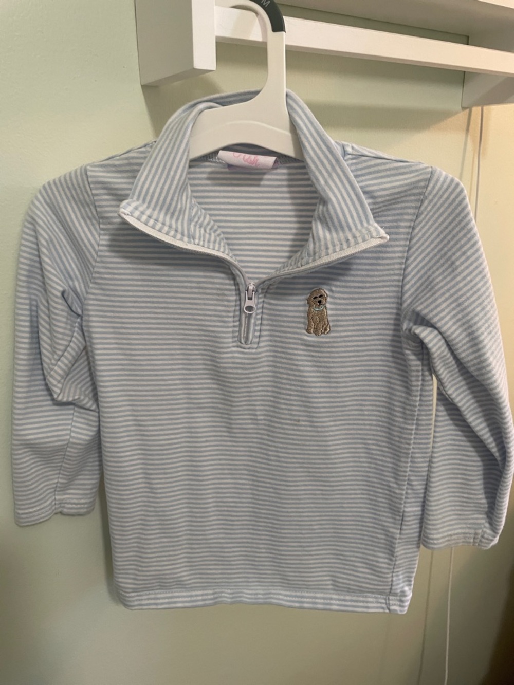 Striped Light Blue Quarter-Zip Pullover with Dog Patch for Kids
